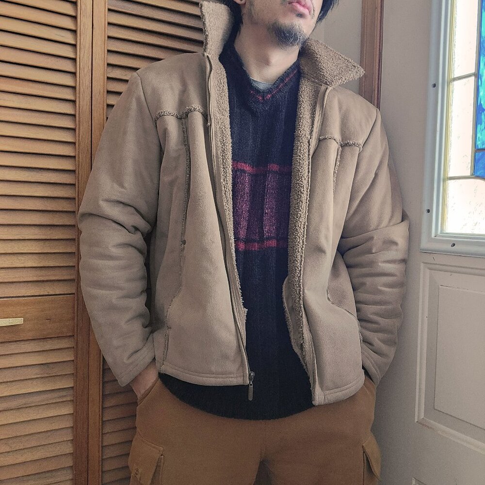Vintage Y2K Mac & Jac Faux Suede Shearling Zip Aviator Jacket Mens Medium